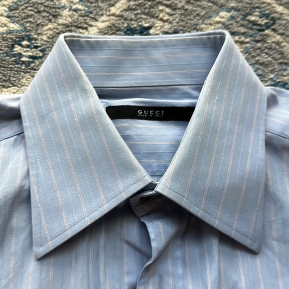 Gucci button down Shirt in light blue with lines of blue and dark red/brown - Picture 2 of 13